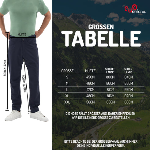 Größentabelle mit Illustration an der linken Seite für eine Reisehose aus Merinowolle
