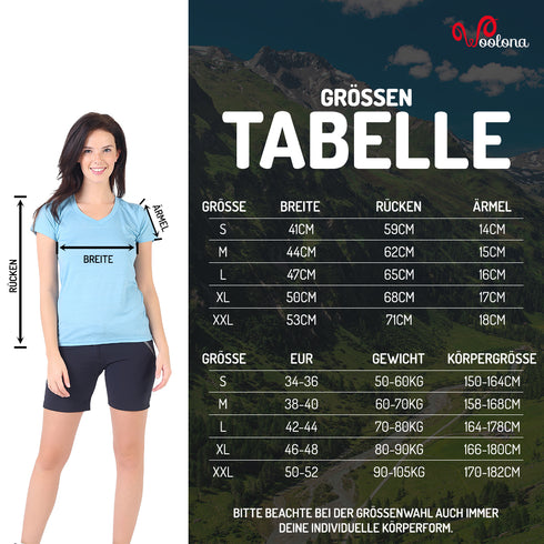 Größentabelle für Damen V-Kragen T-Shirt aus 100% Merinowolle