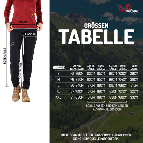 Größentabelle für Outdoor Trekkinghose für Damen mit Merinowolle Innenbeschichtung