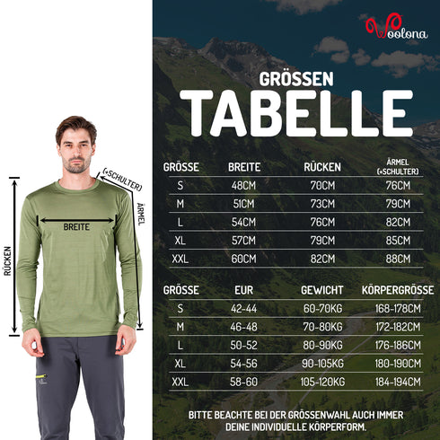 GrĂśĂentabelle Herren Langarmshirt aus 100% Merinowolle