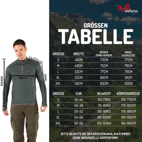 GrĂśĂentabelle FĂźr Herren Langarmshirt mit Daumenschlaufen aus 100% Merinowolle