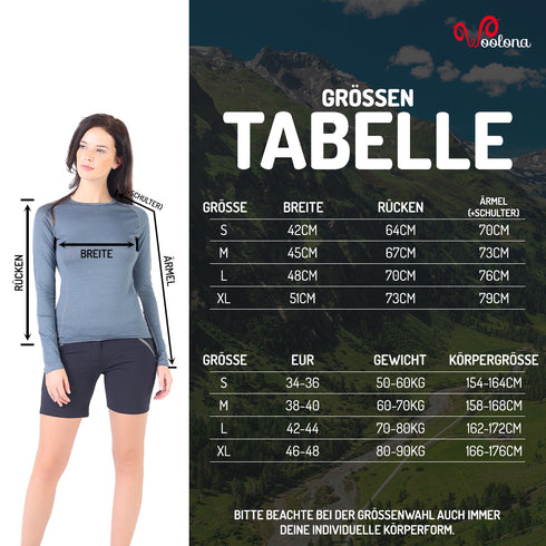 Größentabelle für Damen Langarmshirt aus 100% Merinowolle