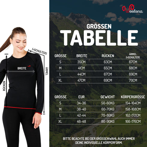 Größentabelle für Seamless Damen Langarmshirt aus Merinowolle