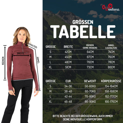 GrĂśĂentabelle fĂźr Damen Langarmshirt mit Daumenschlaufen aus 100% Merinowolle