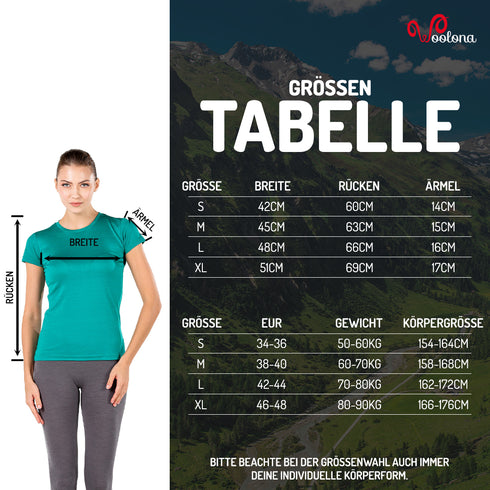 Größentabelle für Damen Rundhals T-Shirt aus 100% Merinowolle