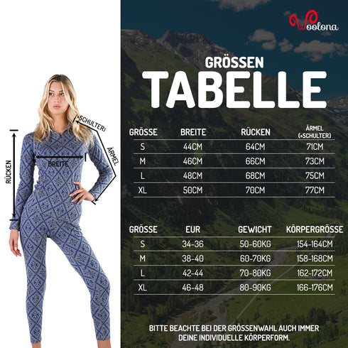 GrĂśĂentabelle fĂźr Langarmshirt aus 100 Prozent Merinowolle fĂźr Damen
