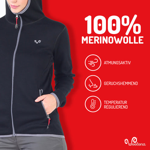 Frau trägt Merinohoodie mit atmungsaktiven und geruchshemmenden Eigenschaften