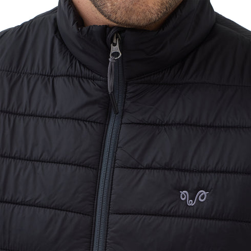 Outdoor Weste mit Reißverschluss und grauem Woolona Logo.