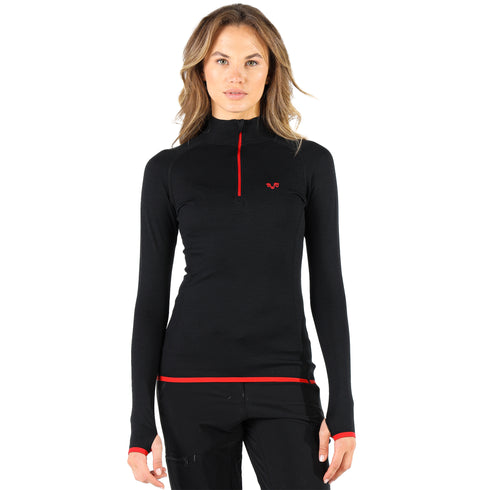 Schwarzes Langarmshirt aus 100% Merinowolle mit rotem ReiĂverschluss